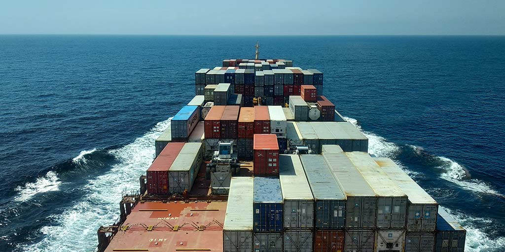 Photo of a container ship from the helm.